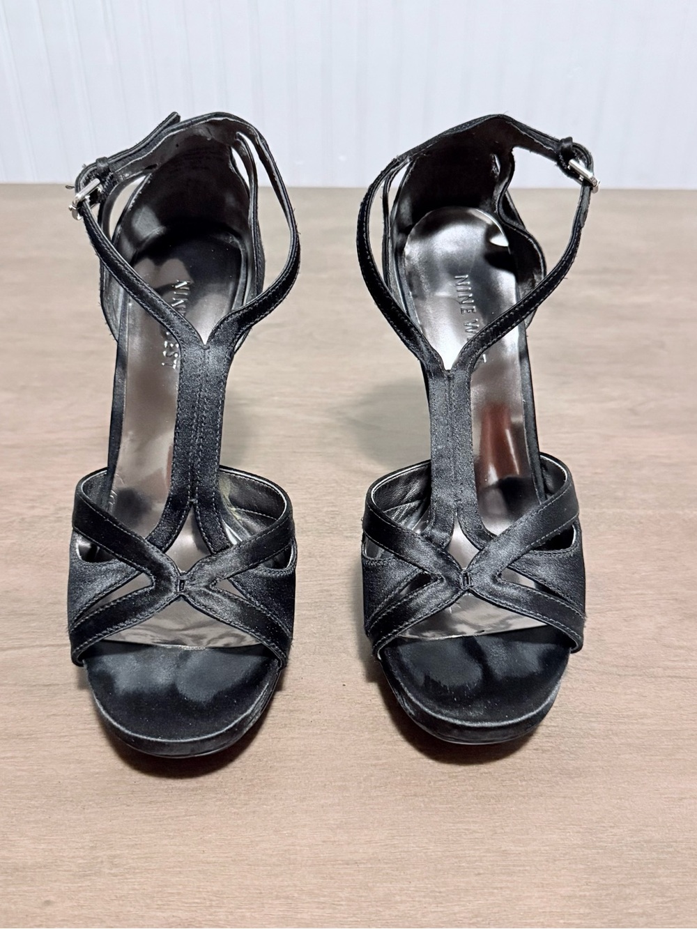 Nine West Black T-Strap Satin Heels